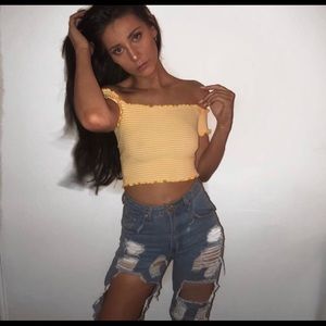 Off the Shoulder Yellow Striped Crop Top